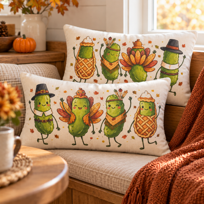 Thanksgiving Pickle Friends Lumbar Pillow β Cute Fall Turkey Pilgrim Holiday Decor