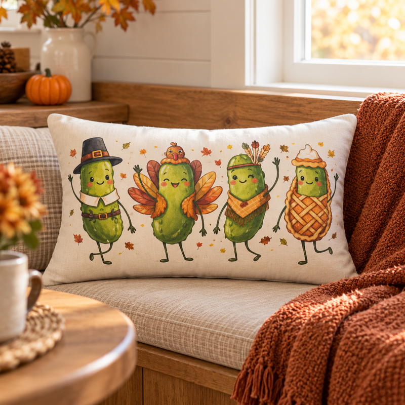 Thanksgiving Pickle Friends Lumbar Pillow β Cute Fall Turkey Pilgrim Holiday Decor