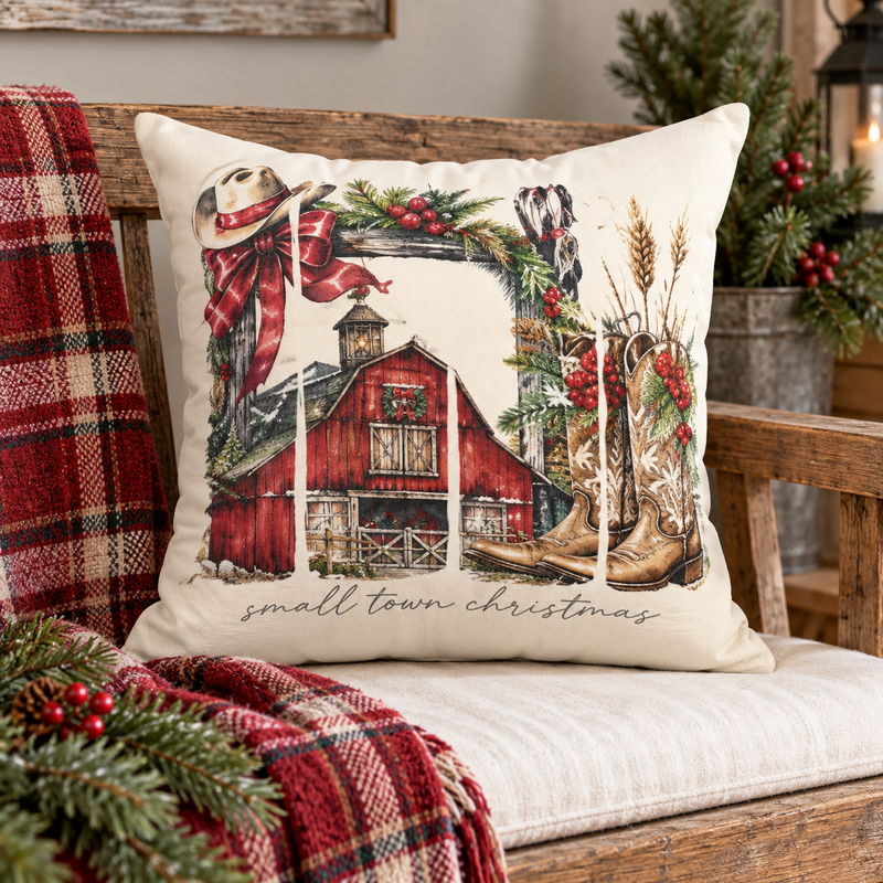 Barn and Cowboy Boots Pillow | Farmhouse Christmas Throw Pillow