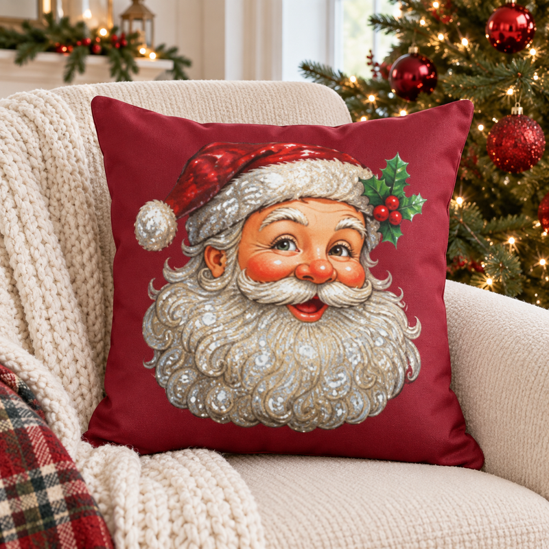 Vintage Santa Face Pillow | Christmas Holiday Decorative Pillow