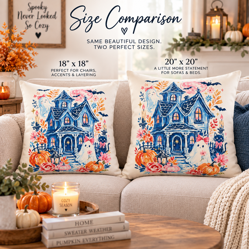 Haunted Cottage Illustration Pillow | Halloween Ghosts, Pumpkins, Floral Accent