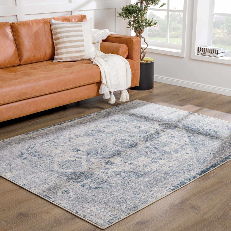 Hauteloom Peeta Gray Blue Medallion area rug displayed in a room scene with intricate medallion pattern and soft gray and blue tones