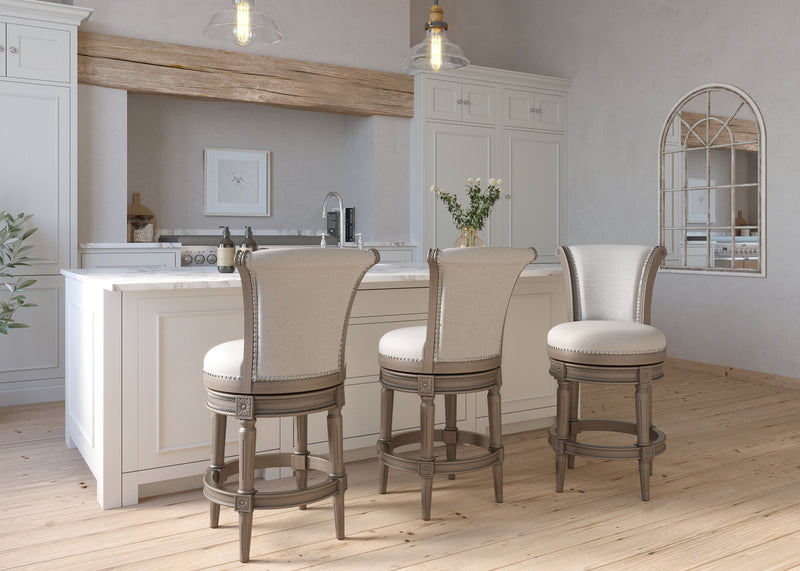 Charlotte swivel barstool in weathered grey with a backrest, featuring a sturdy wooden frame and cushioned seat.