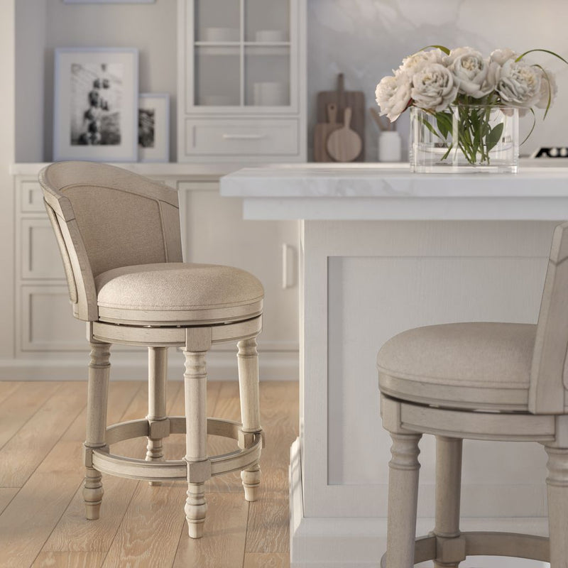 Carolina Barstool Kitty Hawk swivel stool in Uptown Grey and Beige, showing a modern furniture piece with a cushioned seat and swivel base.