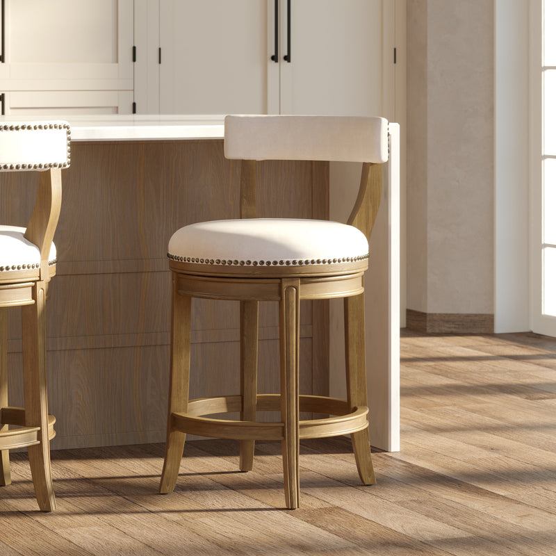 Carolina Barstool Morehead stool with Pecan wood finish and linen seat, modern furniture piece for dining or bar areas.
