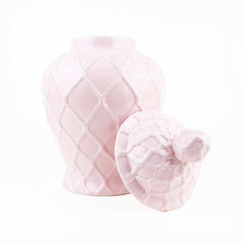 Pink textured ginger jar with lid, available in three sizes, from Shop Holly J Home, showcasing detailed surface design.