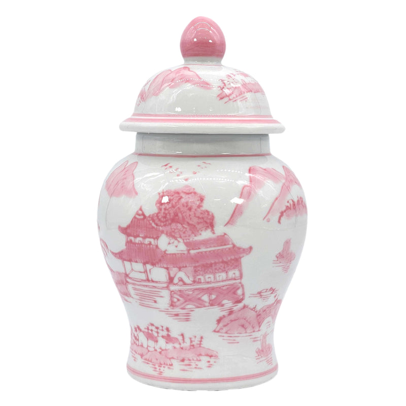 Small pink and white chinoiserie ceramic ginger jar, 8 inches tall, decorative tea and ginger jar with intricate patterns.