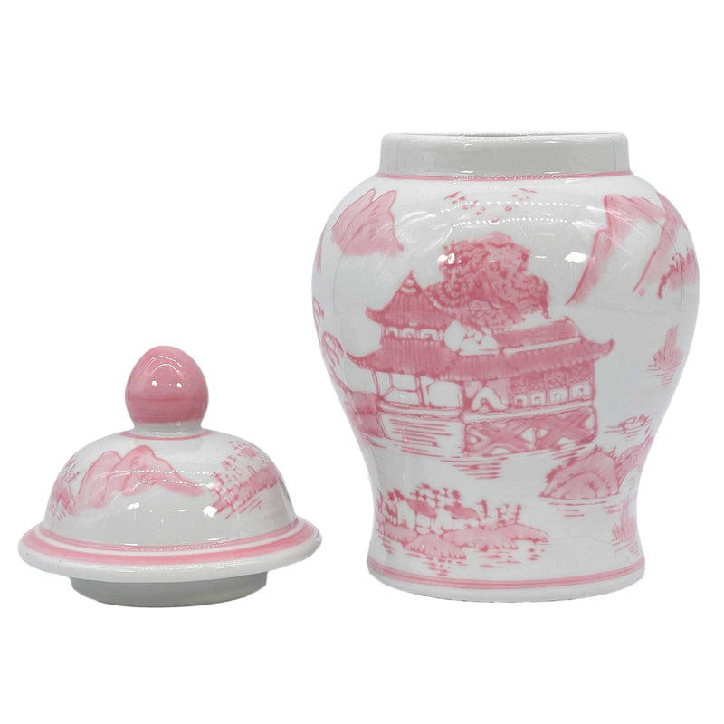 Small pink and white chinoiserie ceramic ginger jar with decorative floral pattern, 8 inches tall, from Shop Holly J Home.