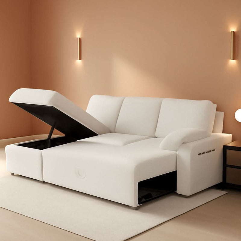 Sleeper Sofa Bed With Storage Chaise In White Boucle-0