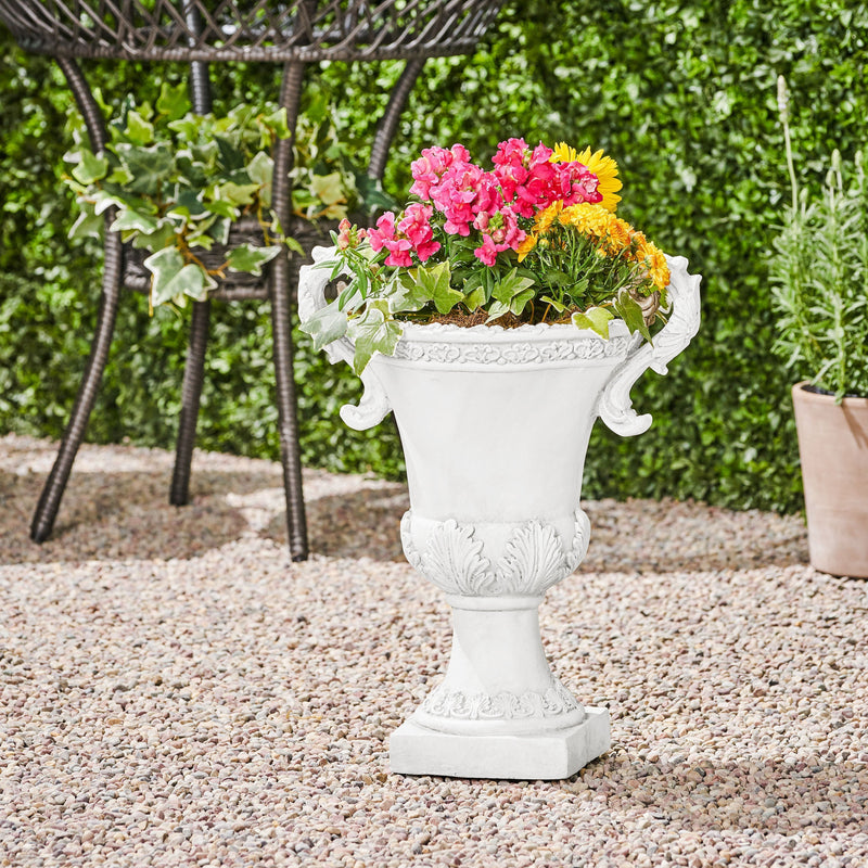 Roman style MGO garden urn planter with drainage hole in antique white finish, ideal for outdoor floral displays.