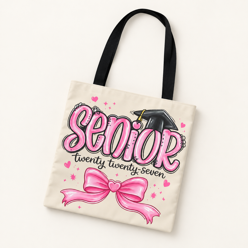 Beige Senior 2027 Tote Bag | Pink Bow Graduation Class of 2027 Gift