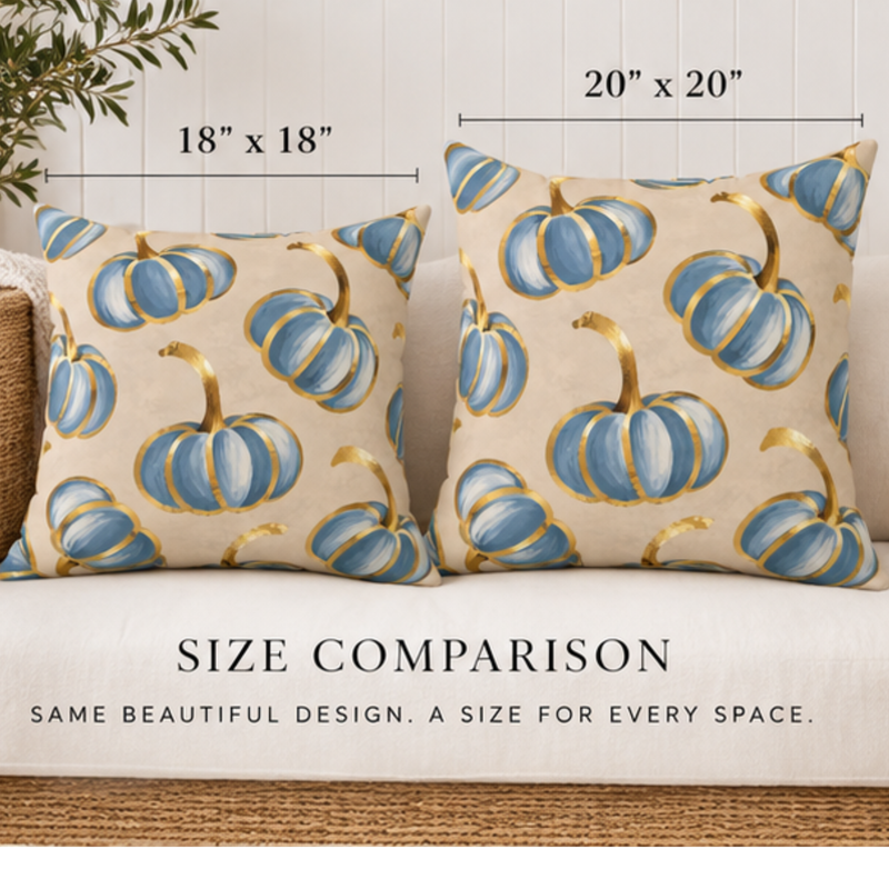 Blue pumpkin fall throw pillow with gold accents, home decor by BlackbirdOak, 18x18 inch pumpkin-themed decorative pillow.