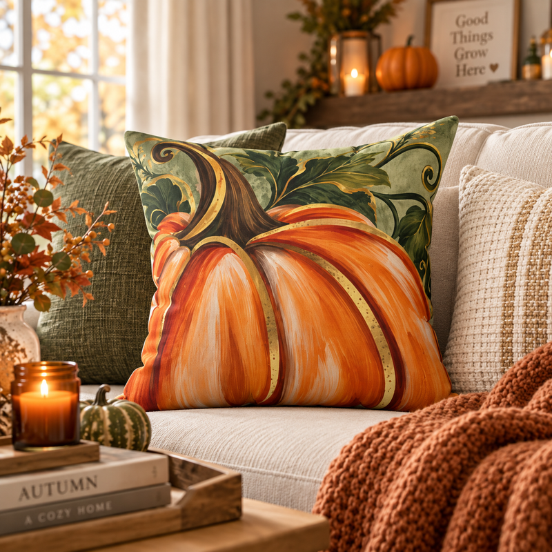 Hand-painted pumpkin pillow from BlackbirdOak featuring fall-themed autumn decor, made of spun polyester, square shape.