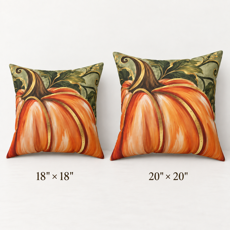 Hand-painted pumpkin pillow by BlackbirdOak featuring fall-inspired autumn decor on a square spun polyester cushion.