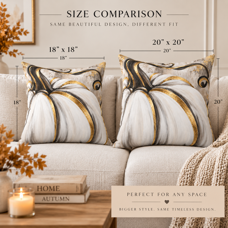 White gold pumpkin decorative pillow by BlackbirdOak, perfect for fall home decor, featuring a cozy pumpkin design on 18x18-inch cushion.