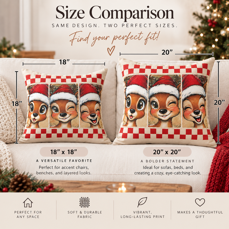 Winking reindeer trio spun polyester pillow for Christmas holiday decor, featuring festive reindeer images on a kraft paper background.