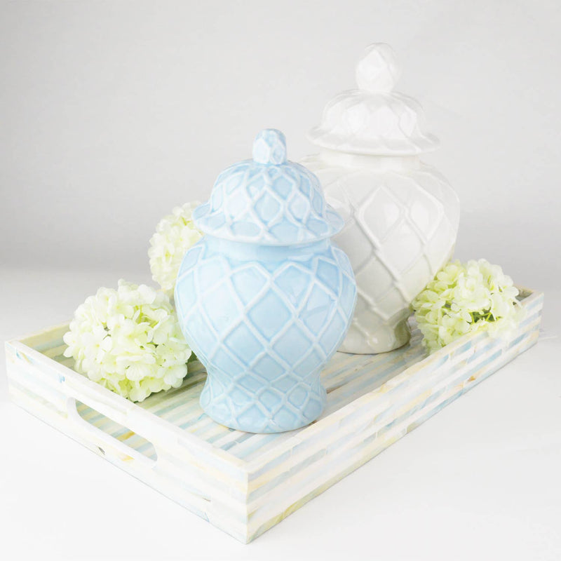 Three light blue textured ginger jars in varying sizes, showcasing decorative ceramic design by Shop Holly J Home.