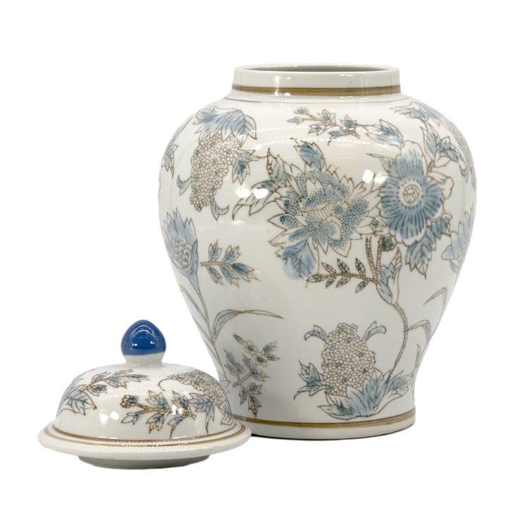 White and blue floral ceramic Chinoiserie vase, 12-inch decorative jar with intricate floral patterns, perfect for classic home decor.
