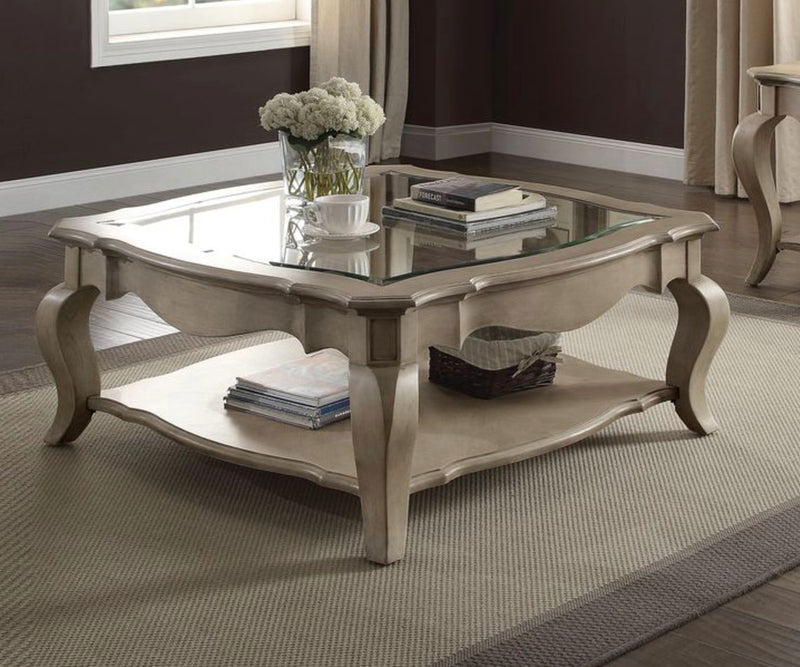 Chelmsford clear glass coffee table with beveled top and shelf, featuring taupe accents, by HouseOfZazla.