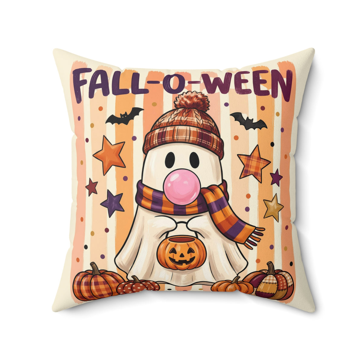 Fall-O-Ween Ghost Pillow — Cute Pumpkin & Knit Hat Halloween Throw Pillow