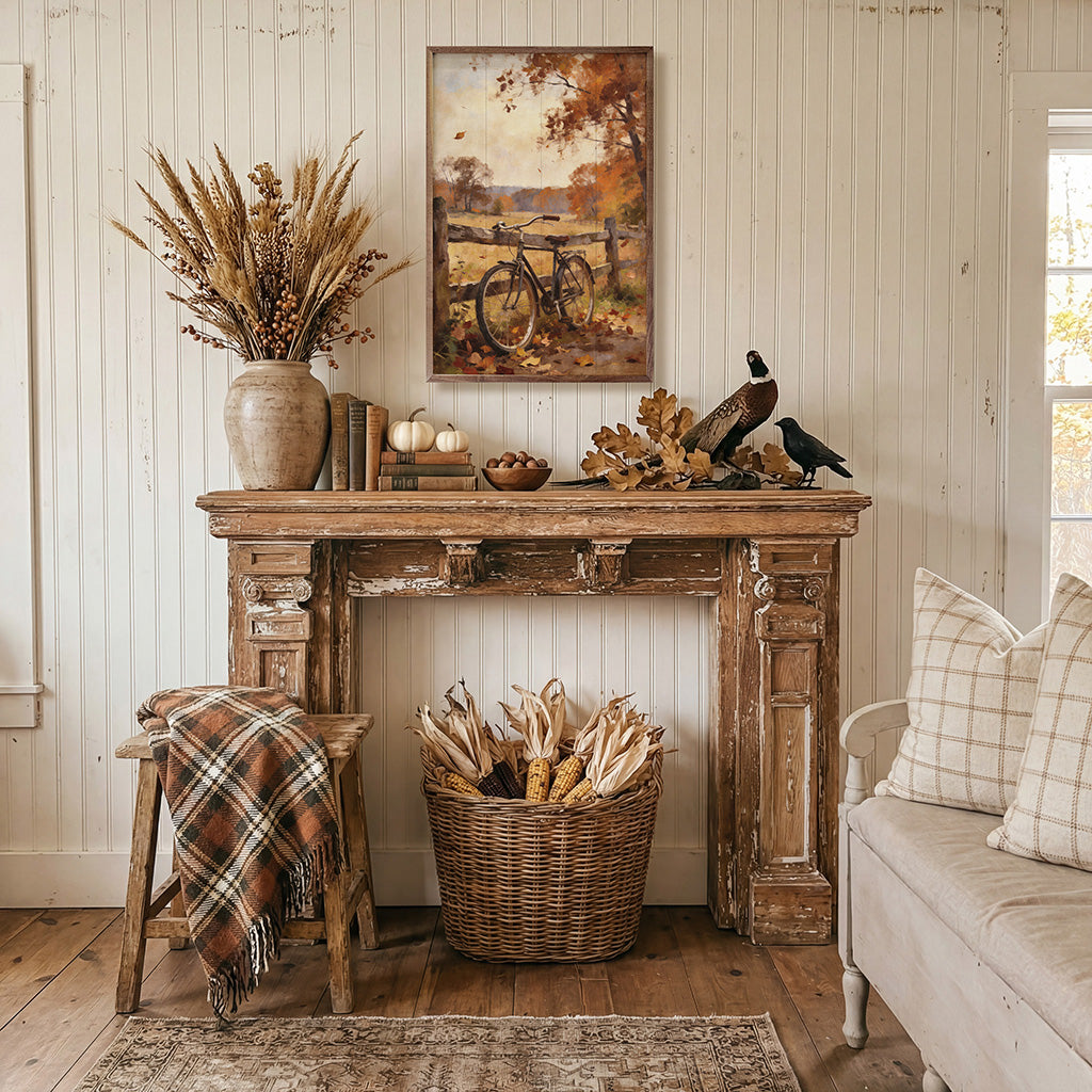 Walnut framed autumn bicycle decor with country fence scene, featuring warm fall colors and rustic outdoor setting.
