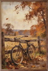 Walnut framed autumn bicycle with country fence wall art by Kendrick Home, featuring fall colors and rustic outdoor scene.