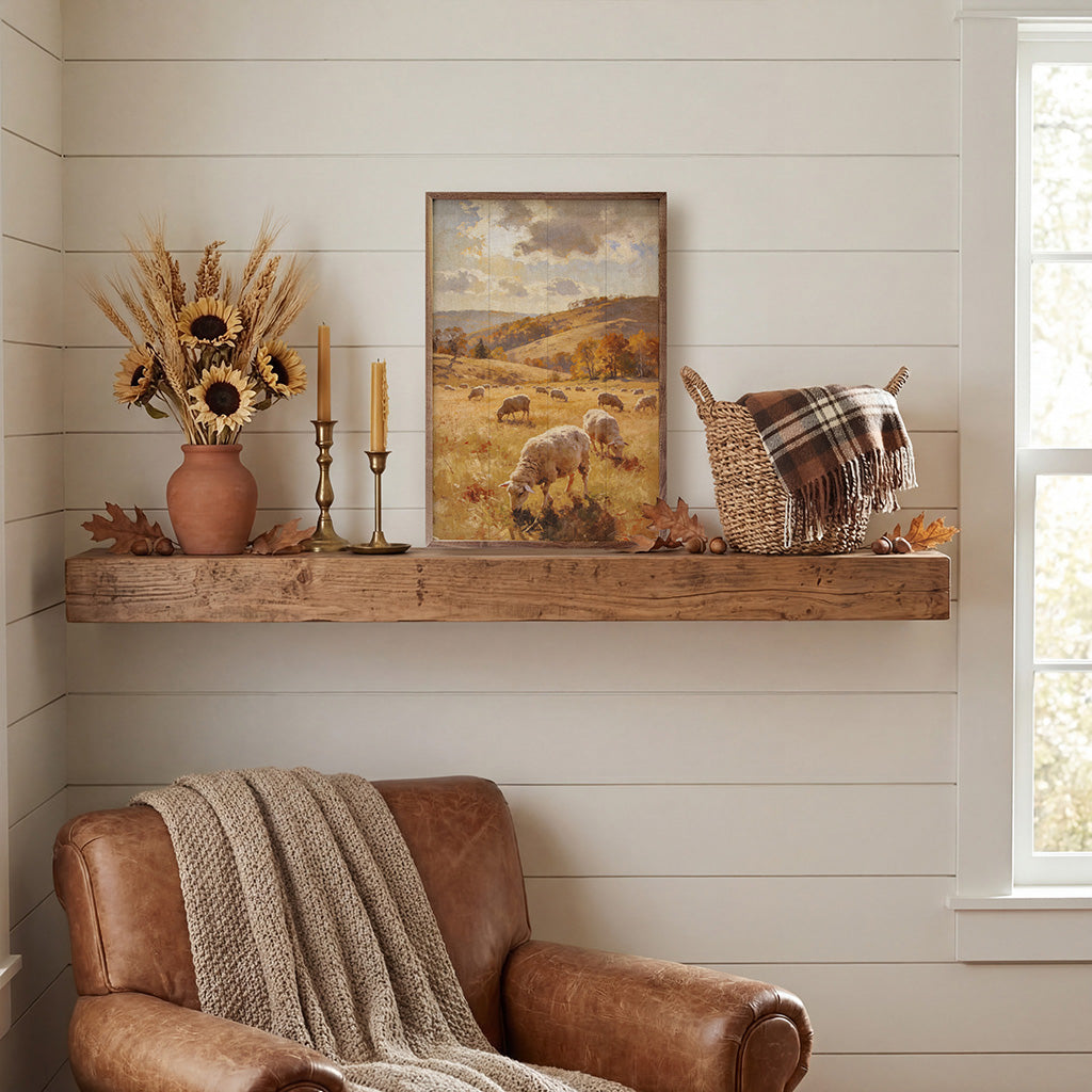 Walnut frame featuring autumn sheep grazing in a pasture, artwork from Kendrick Home with natural outdoor scene and warm tones.