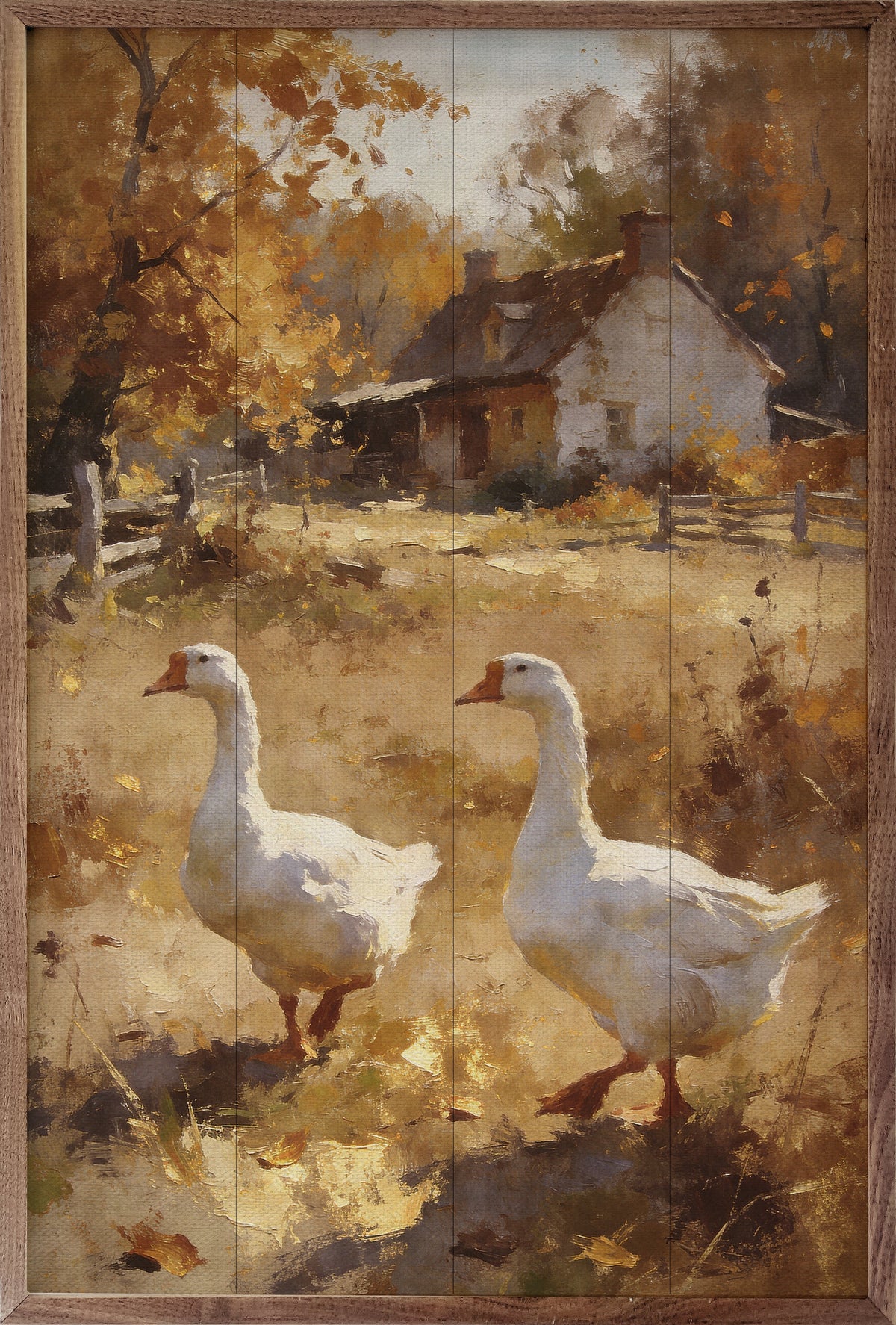 Walnut frame with artwork of geese in an autumn field, featuring country scene with vibrant fall colors and rural landscape.