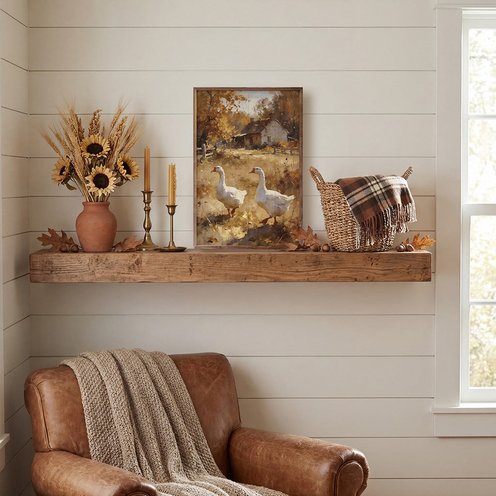 Walnut frame with a country scene of geese in an autumn field, featuring warm tones and detailed wildlife artwork.