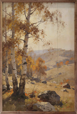 Walnut picture frame featuring a Golden Birch in Autumn Hills landscape, designed by Kendrick Home, 10x16 size.