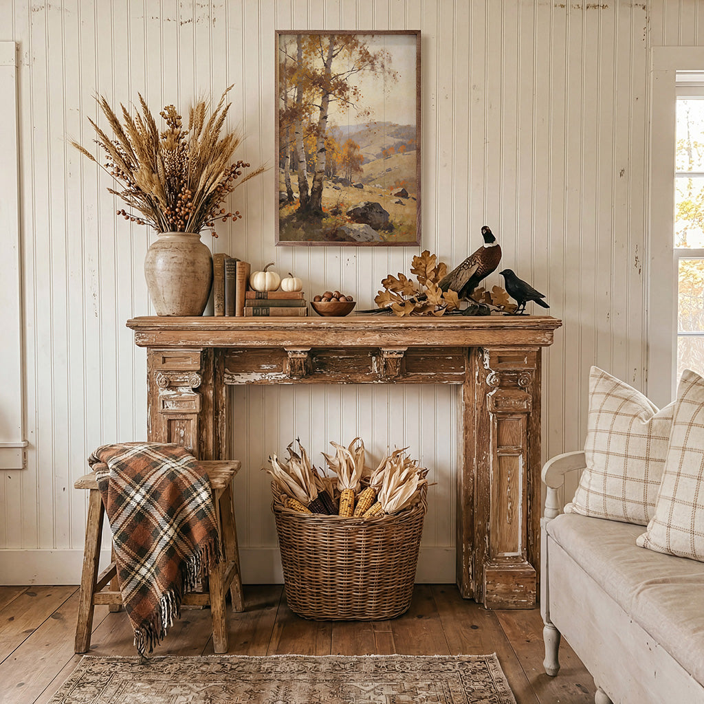 Walnut picture frame featuring a Golden Birch In Autumn Hills landscape print, designed by Kendrick Home, 10x16 inches.