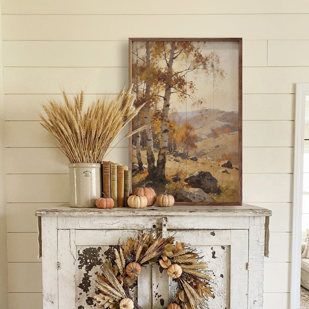 Walnut picture frame featuring Golden Birch in Autumn Hills artwork by Kendrick Home, 10x16 inch size, wood grain finish