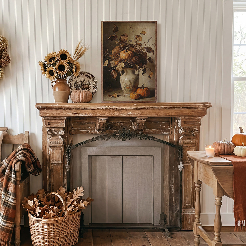 Walnut frame with rustic autumn floral arrangement and harvest pumpkins, ideal for seasonal home decor by Kendrick Home