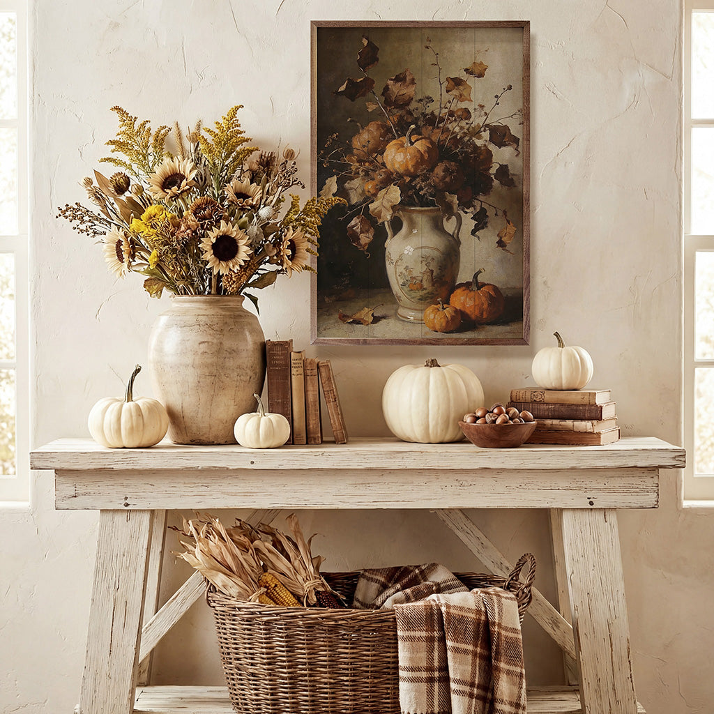 Walnut frame featuring rustic autumn floral arrangement with harvest pumpkins, ideal for seasonal home decor.