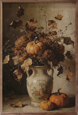 Walnut framed rustic autumn floral arrangement with harvest pumpkins, seasonal decor by Kendrick Home in a 10x16 size.