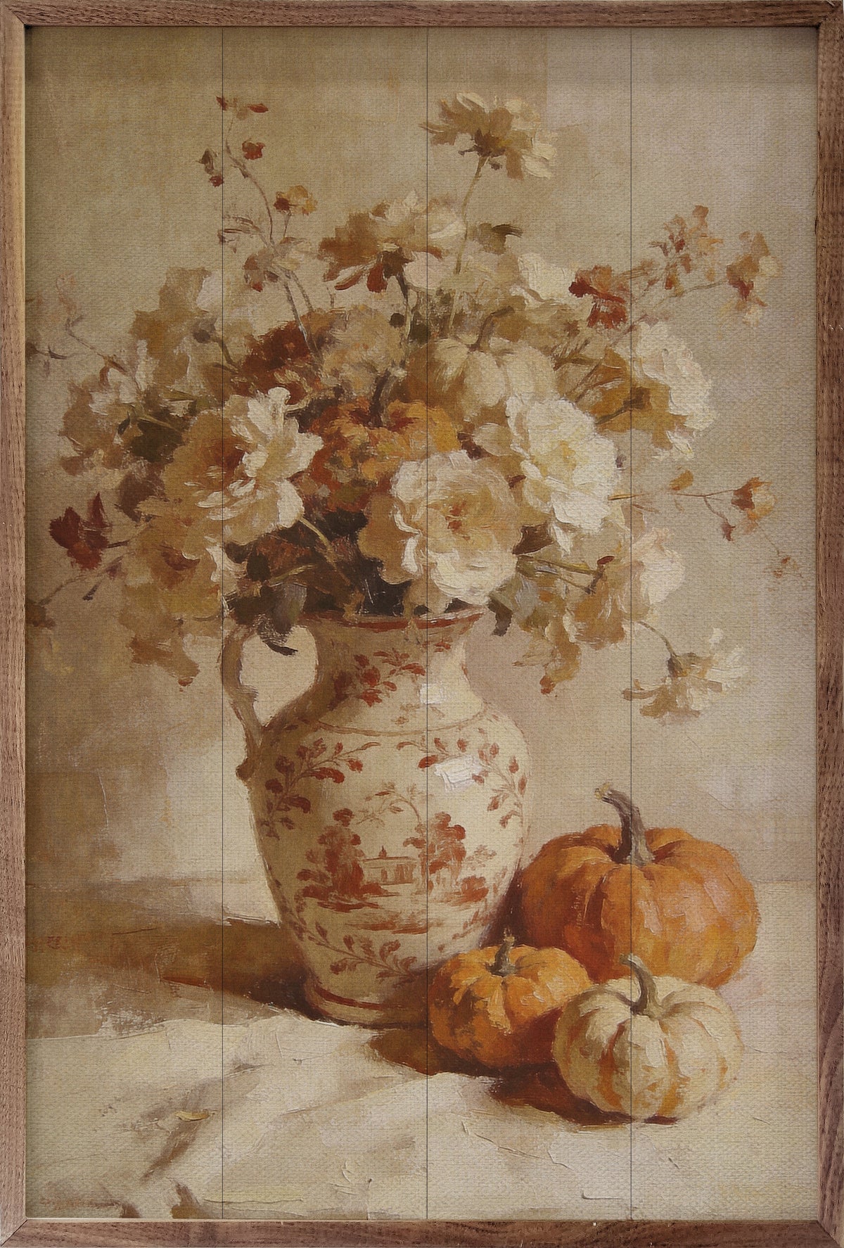 Walnut frame with soft autumn floral and pumpkin still life artwork by Kendrick Home in a 10x16 size.