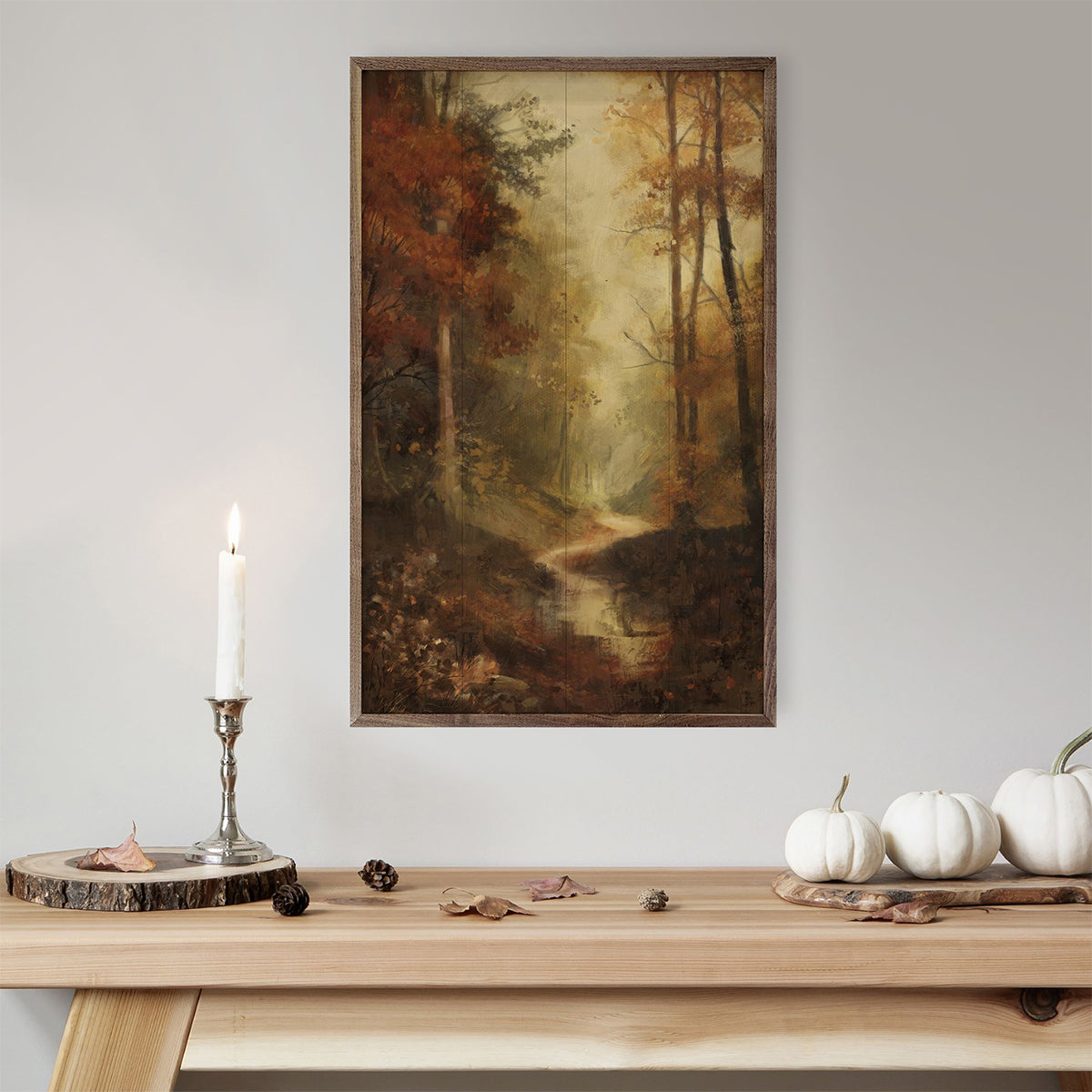 Walnut frame holding "Vintage Fall Landscape 1" artwork by Nina Blue, depicting autumn trees and a scenic fall landscape.