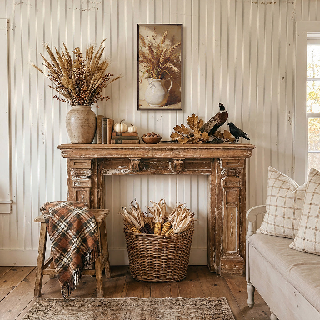 Wheat and field grass arrangement in walnut frame by Kendrick Home, displayed in a 12x24 size for rustic wall decor.