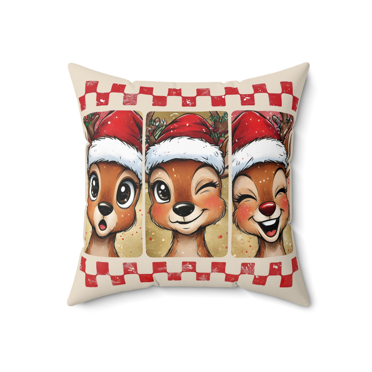 Winking Reindeer Trio Spun Polyester Pillow | Christmas Deer Holiday Decor