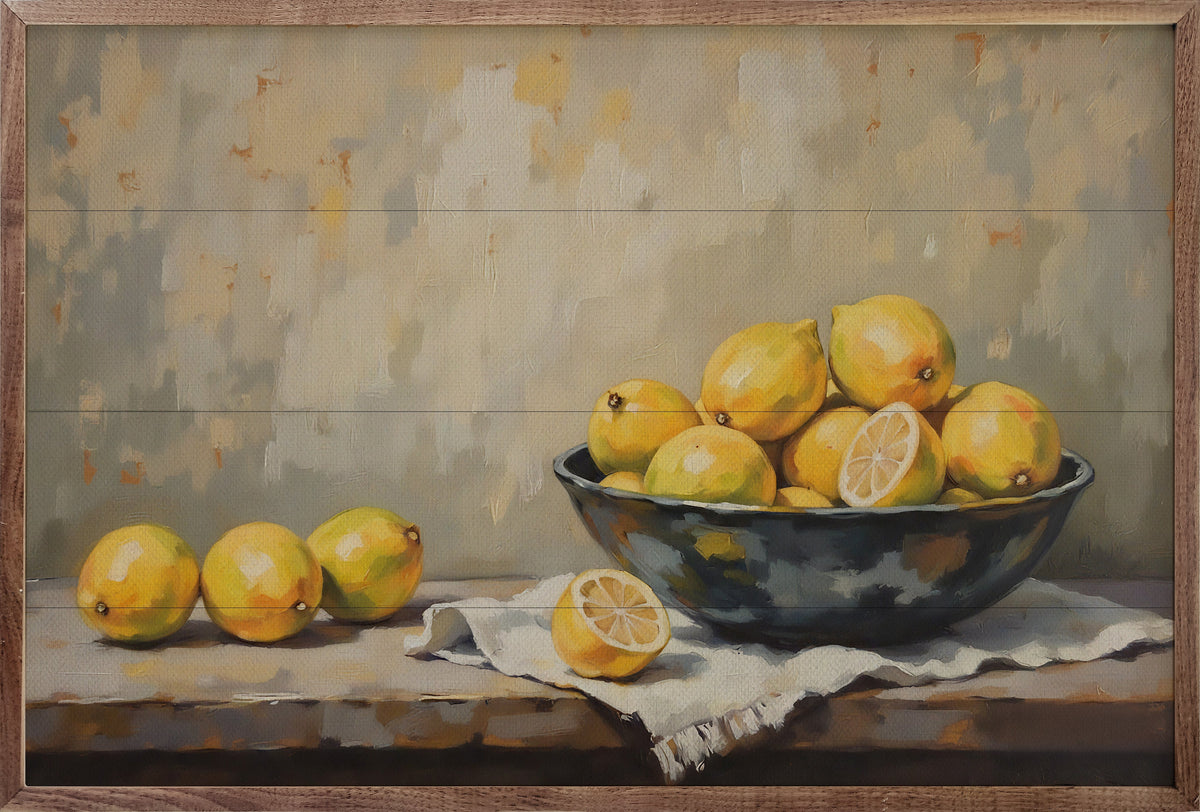 Walnut framed wall art featuring a bowl of lemons, designed by Kendrick Home, 16x10 inches.
