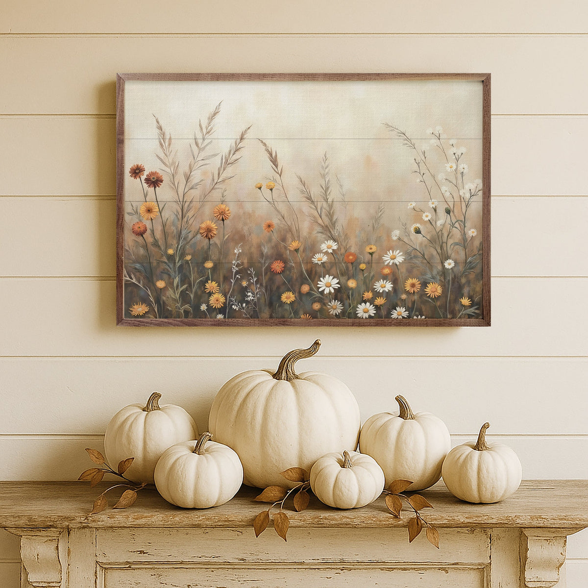 Walnut frame featuring a fall field scene with mums and daisies, perfect for seasonal home decor by Kendrick Home.