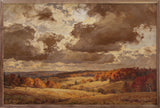 Walnut frame artwork titled Flyover Autumn Woods by Kendrick Home, featuring a scenic autumn forest scene in warm tones.