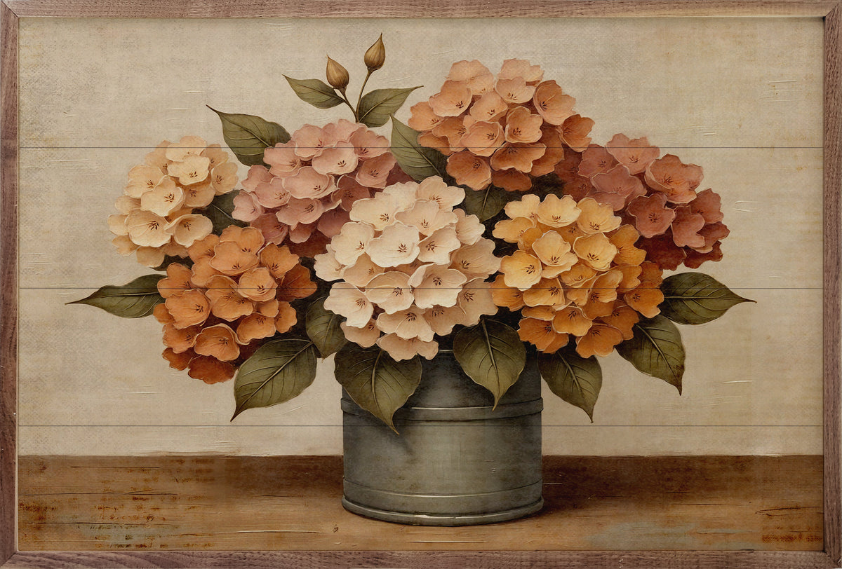 Beautiful hydrangea fall bouquet arranged in walnut frames by Kendrick Home, displayed in a 16x10 image.