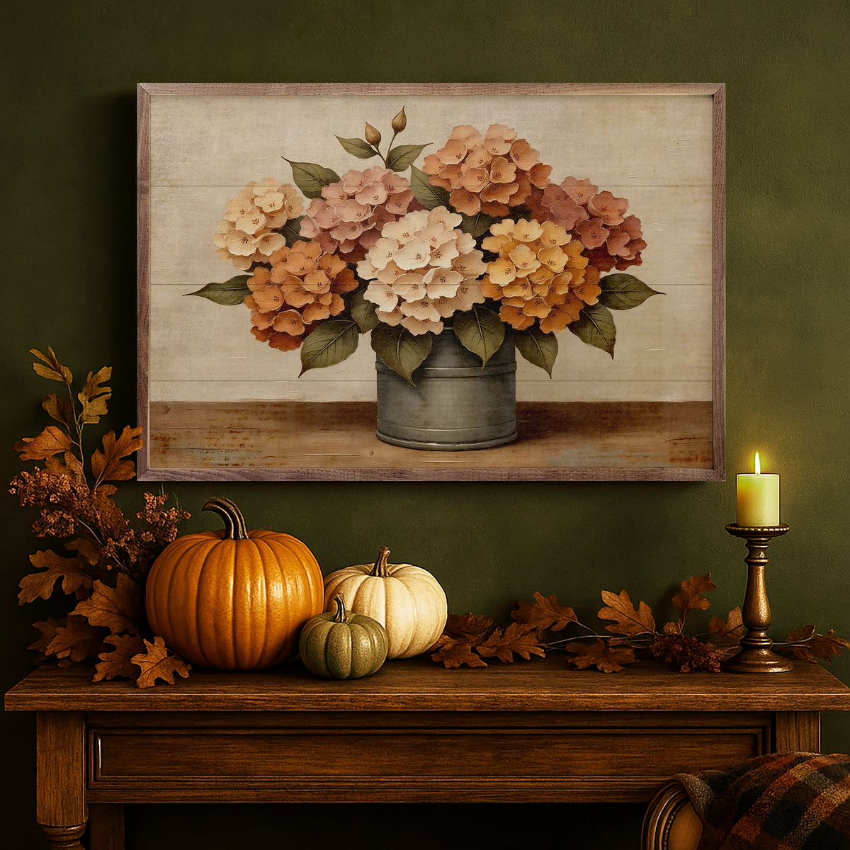 Walnut picture frame featuring a hydrangea fall bouquet with vibrant autumn-colored flowers and greenery.