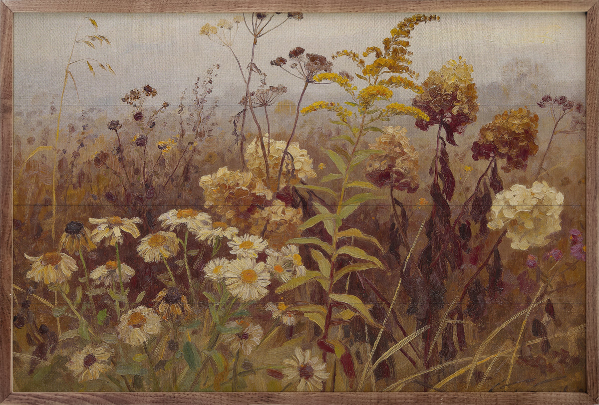 Walnut framed artwork featuring a vibrant late season wildflower meadow, showcasing colorful wildflowers and lush greenery.