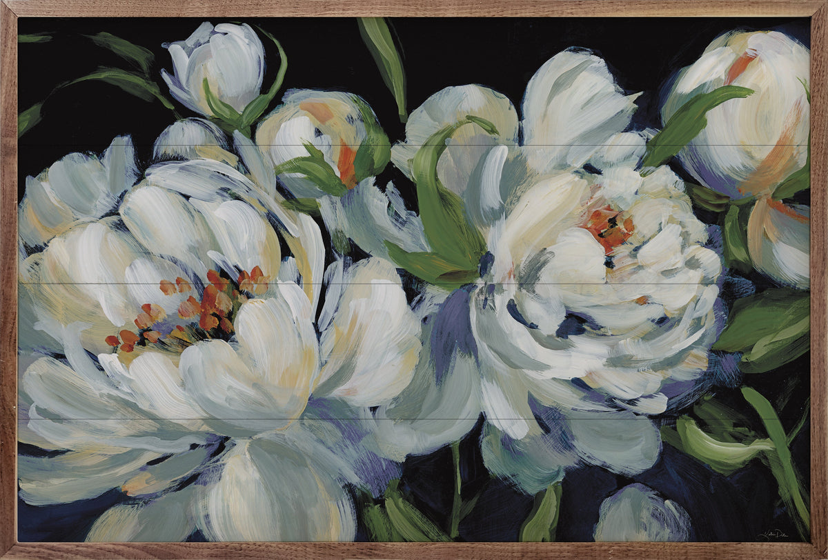 Walnut picture frame featuring Peony Season I with Blue artwork by Katrina Pete, displayed on a white background.