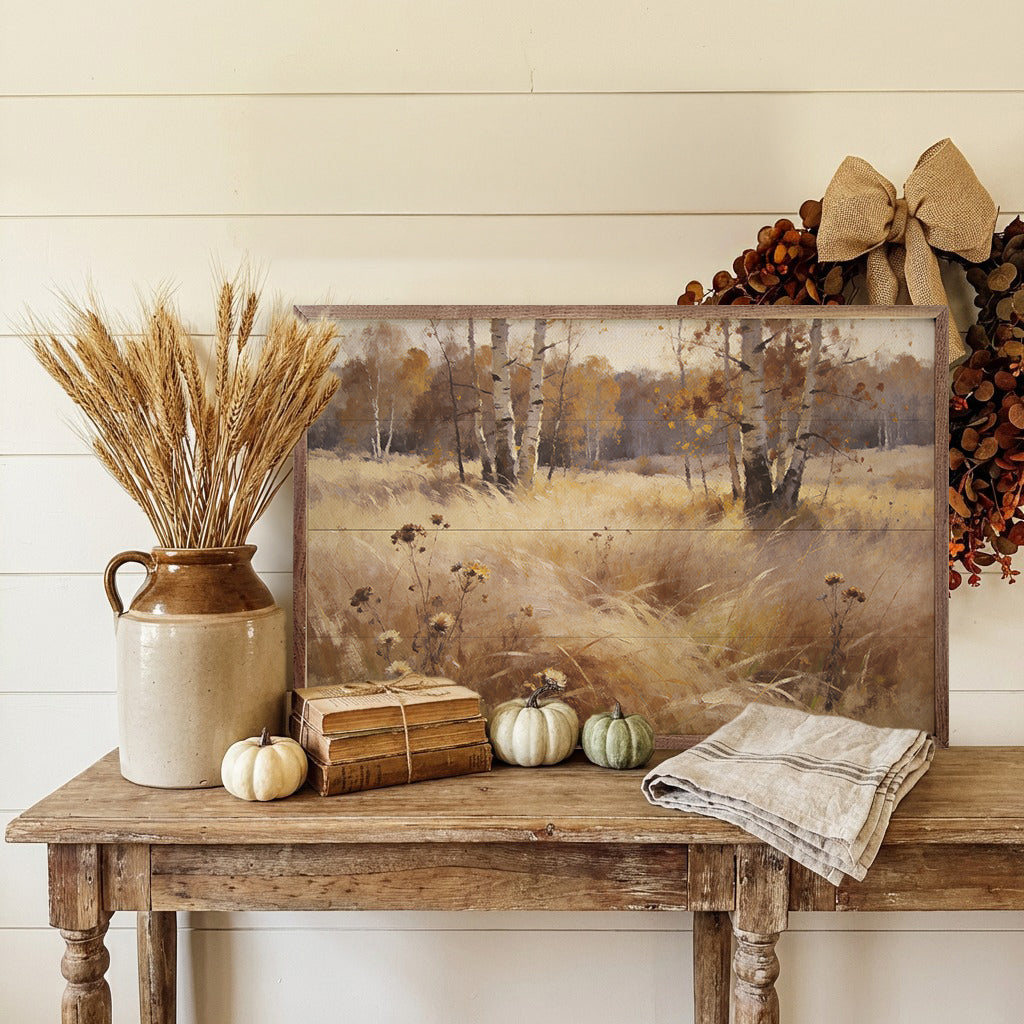 Walnut framed wall art featuring soft prairie grasses and birch trees, designed by Kendrick Home in a 16x10 size.