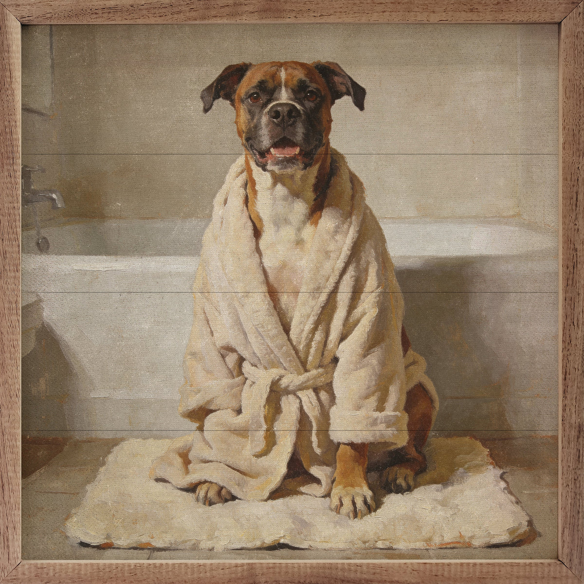 Kendrick Home Walnut Frames Bath Time Boxer Robe hanging on a hook, showcasing soft fabric and stylish design in a bathroom setting.