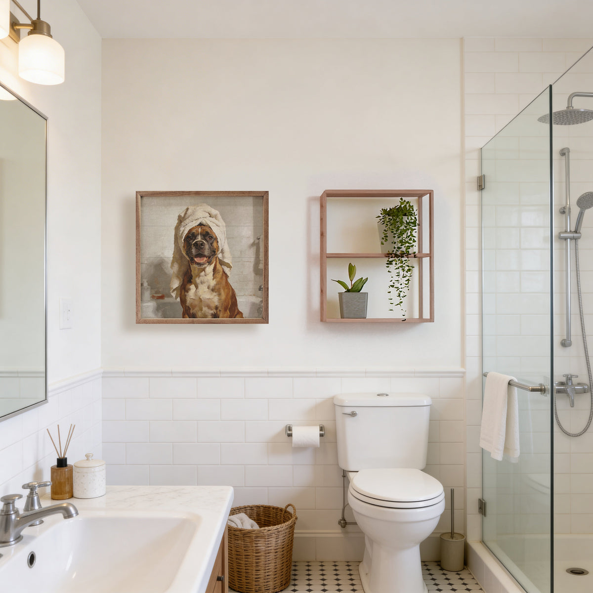 Walnut frames Bath Time Boxer Towel with soft fabric, displayed on a hanger in a bathroom setting, ideal for bath time comfort.