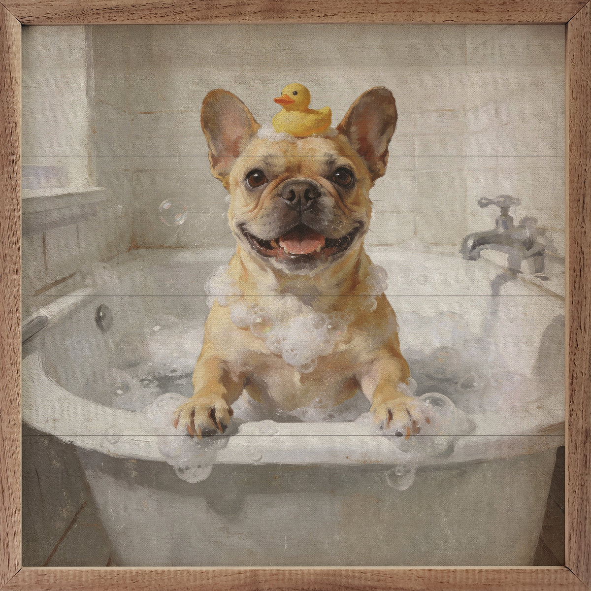 Walnut frame featuring a charming Bath Time French Bulldog illustration, perfect for home decor by Kendrick Home.